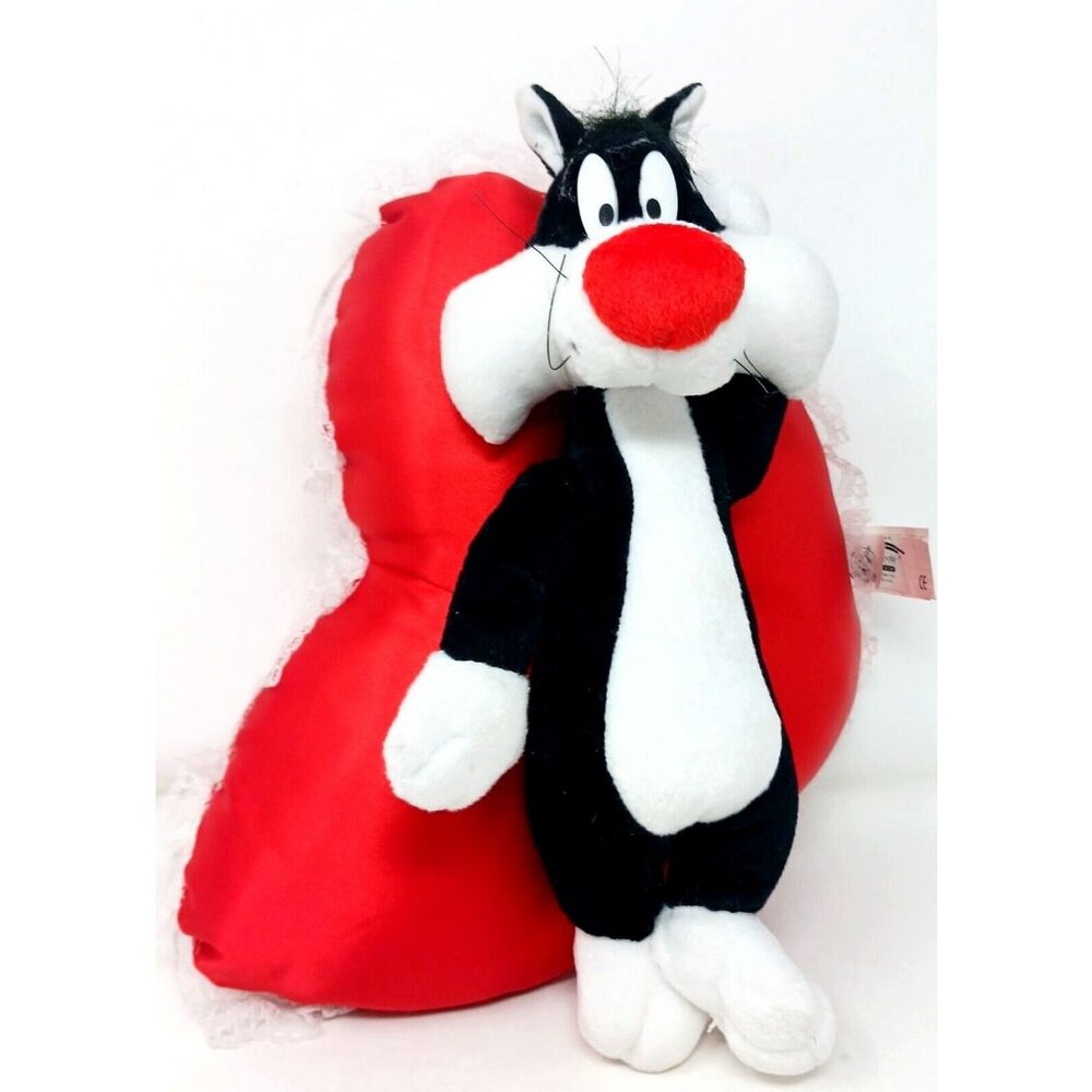 Looney Tunes Sylvester Plush Toy With Red Heart Pillow & Lace Trim VTG #S-1 - Picture 12 of 12
